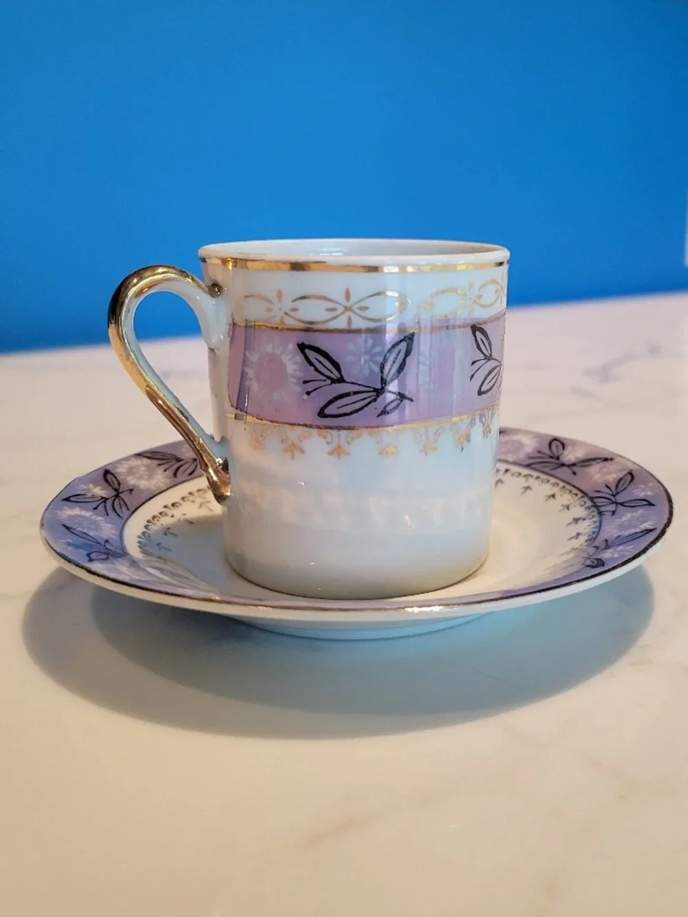 Vintage Lavender Porcelain Demitasse Espresso Cup & Saucer Set Gold Gilt